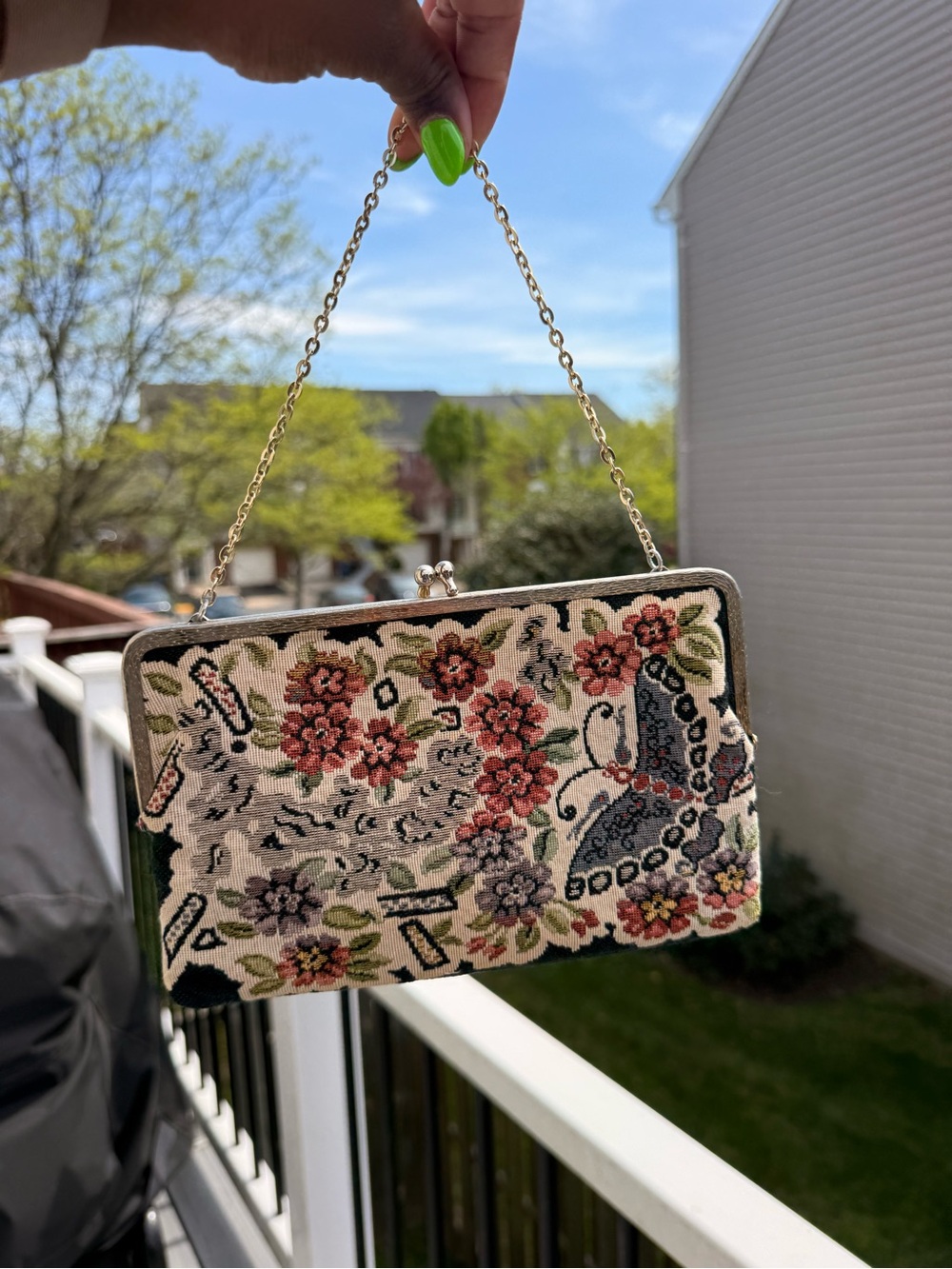 Vintage Floral Tapestry Evening Clutch Handbag - Cream and Pink